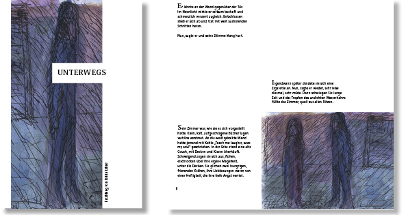 Erzählung "Unterwegs", Titel und eine Innenseite, Text und llustration von Katrin Jähne, Layout von Felice Meer