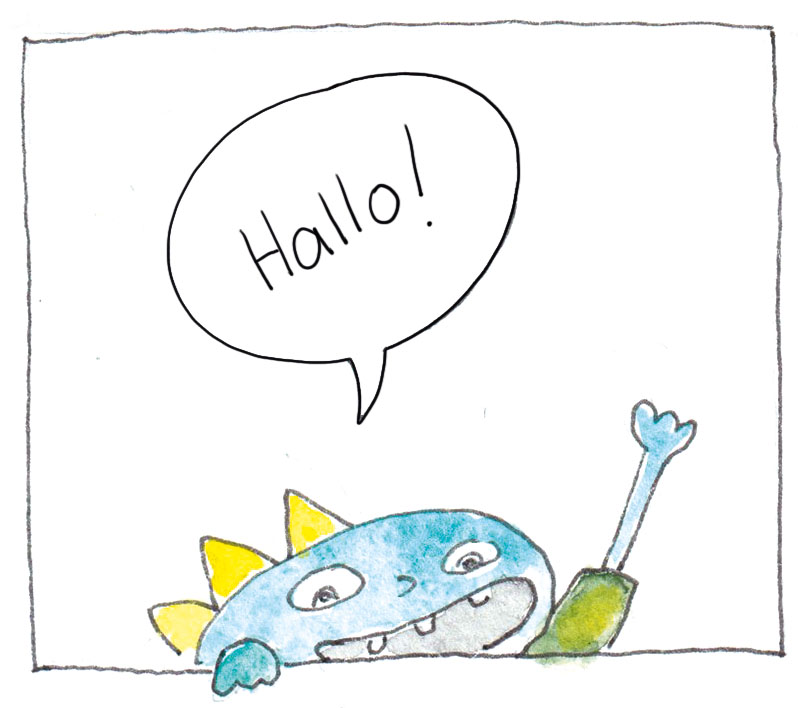 Menno, der kleine blaue Drache macht sich wichtig und winkt