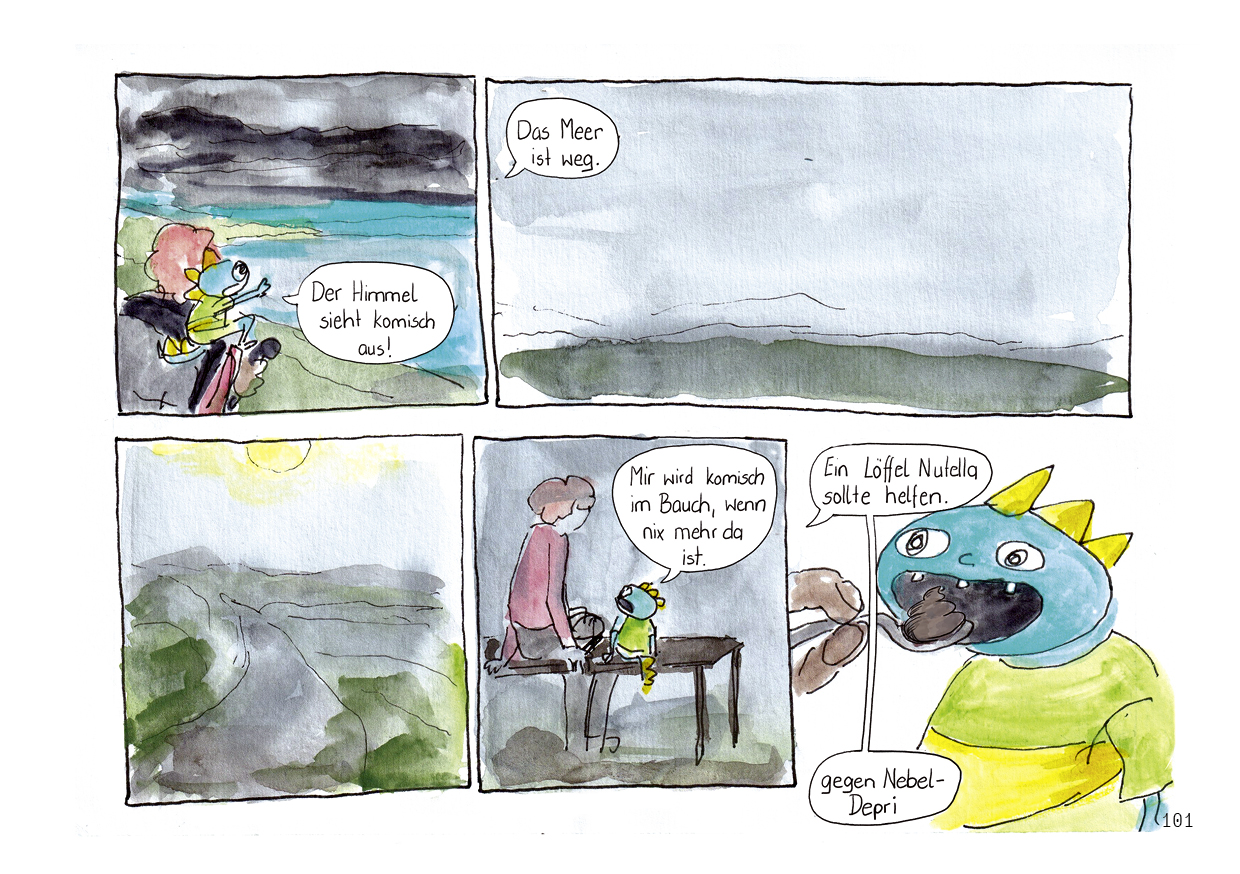 Drei wandern am Meer Comic Seiten Wandern im Nebel