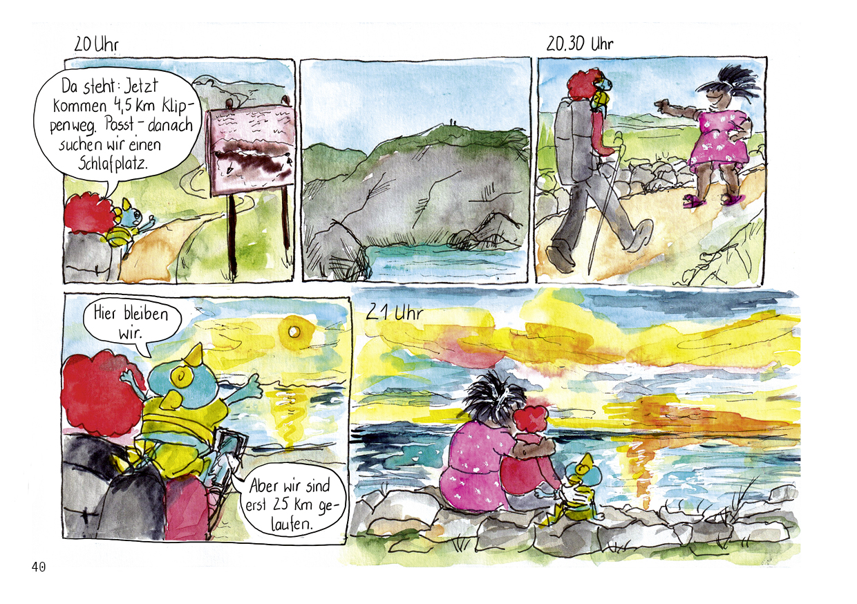 Drei wandern am Meer Comic Seiten Sonnenuntergang am Meer