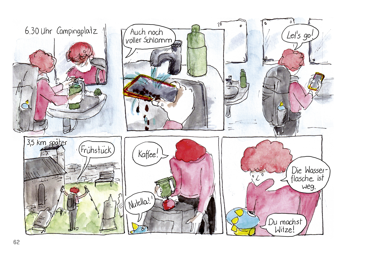 Drei wandern am Meer Comic Seiten Wasserflasche ist weg