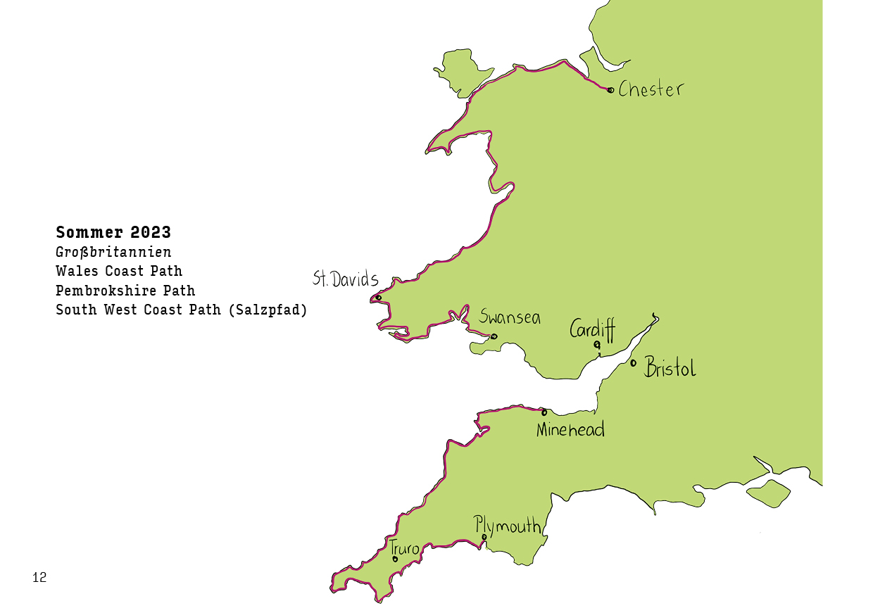 Drei wandern am Meer Comicseite Überblick der wanderwege in Wales und Cornwall