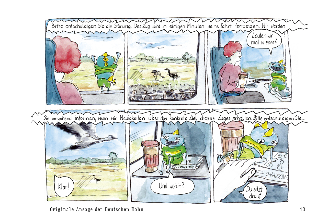 Drei wandern am Meer Comicseite Ansagen in der deutschen Bahn