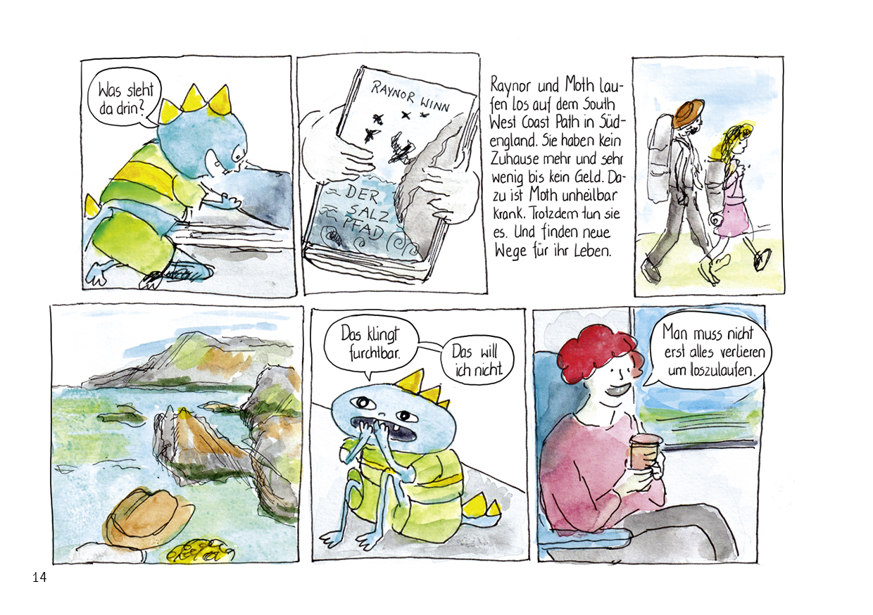 Drei wandern am Meer Comicseite Der Salzpfad, Buch von RAinor Winn als Inspiration