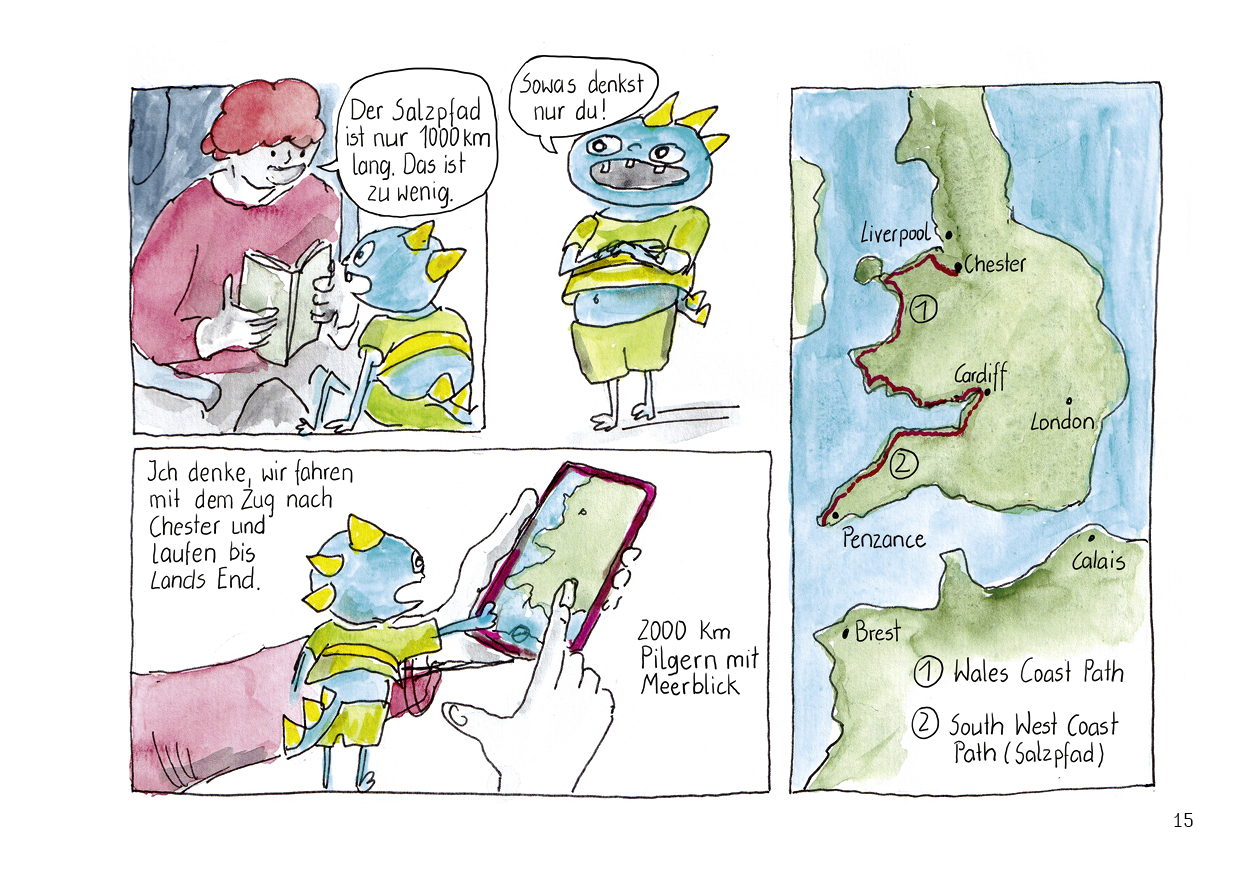 Drei wandern am Meer Comicseite Reiseplanung