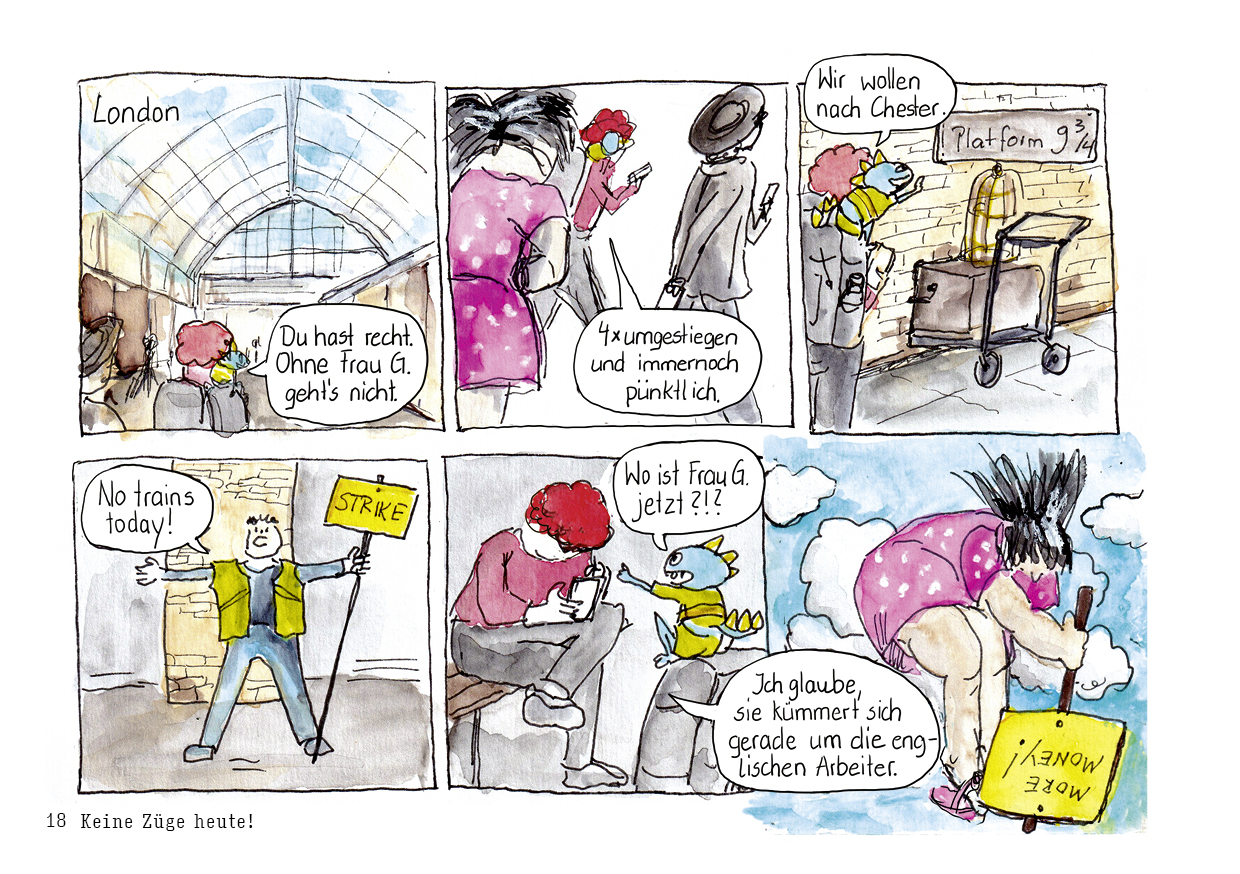 Drei wandern am Meer Comicseite Eisenbahnstreik in Kings Cross