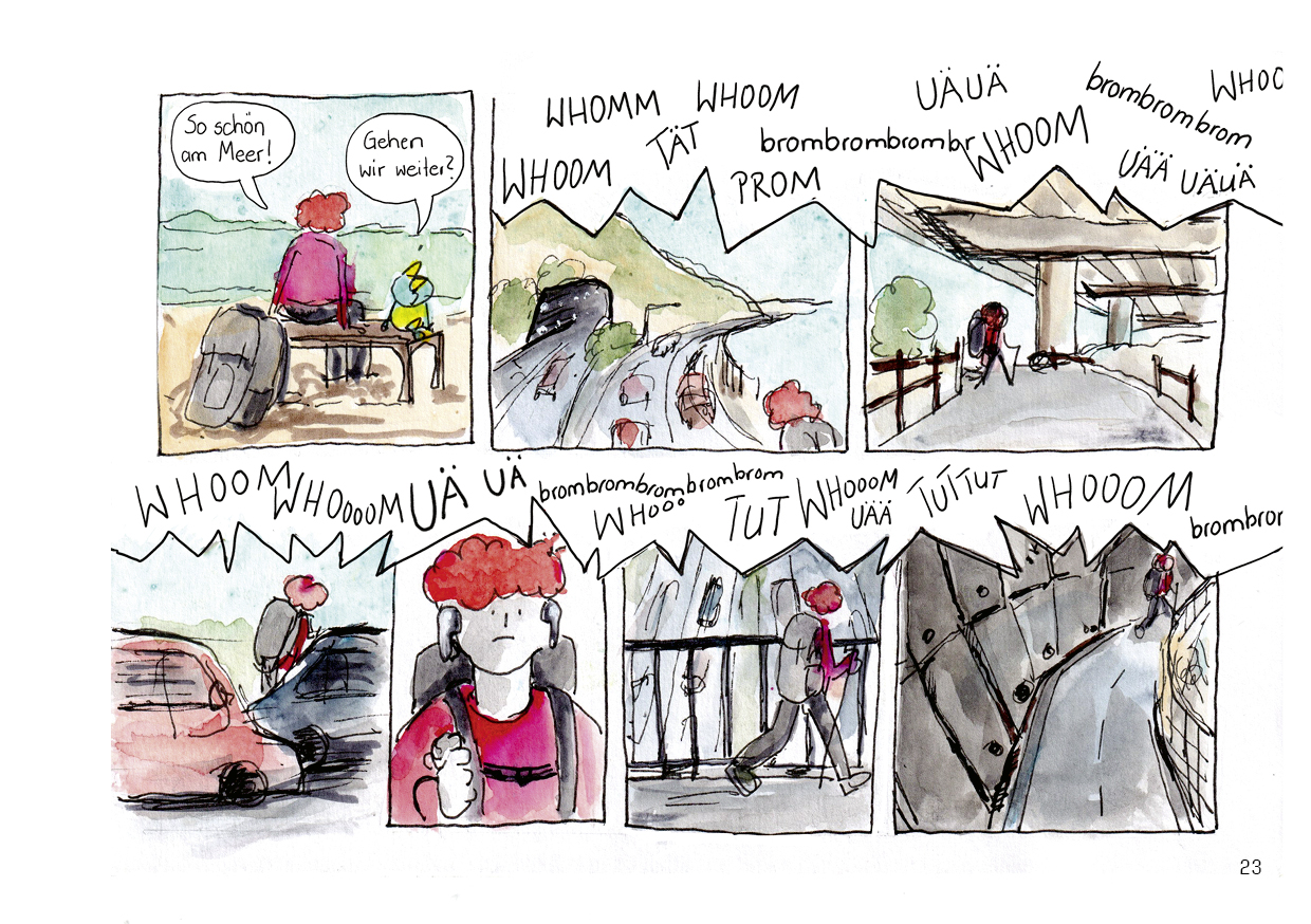 Drei wandern am Meer Comicseite Laerm in der Meeresidylle