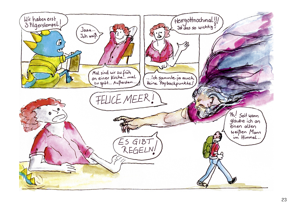 Pilgern in Bildern Comic Seite Gott als alter weisser Mann
