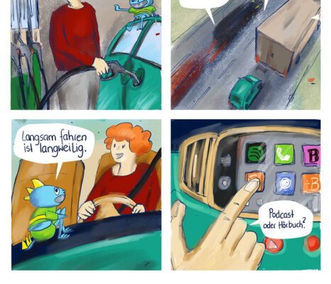 ein comic über Spritpreise und langsam fahren auf der autobahn